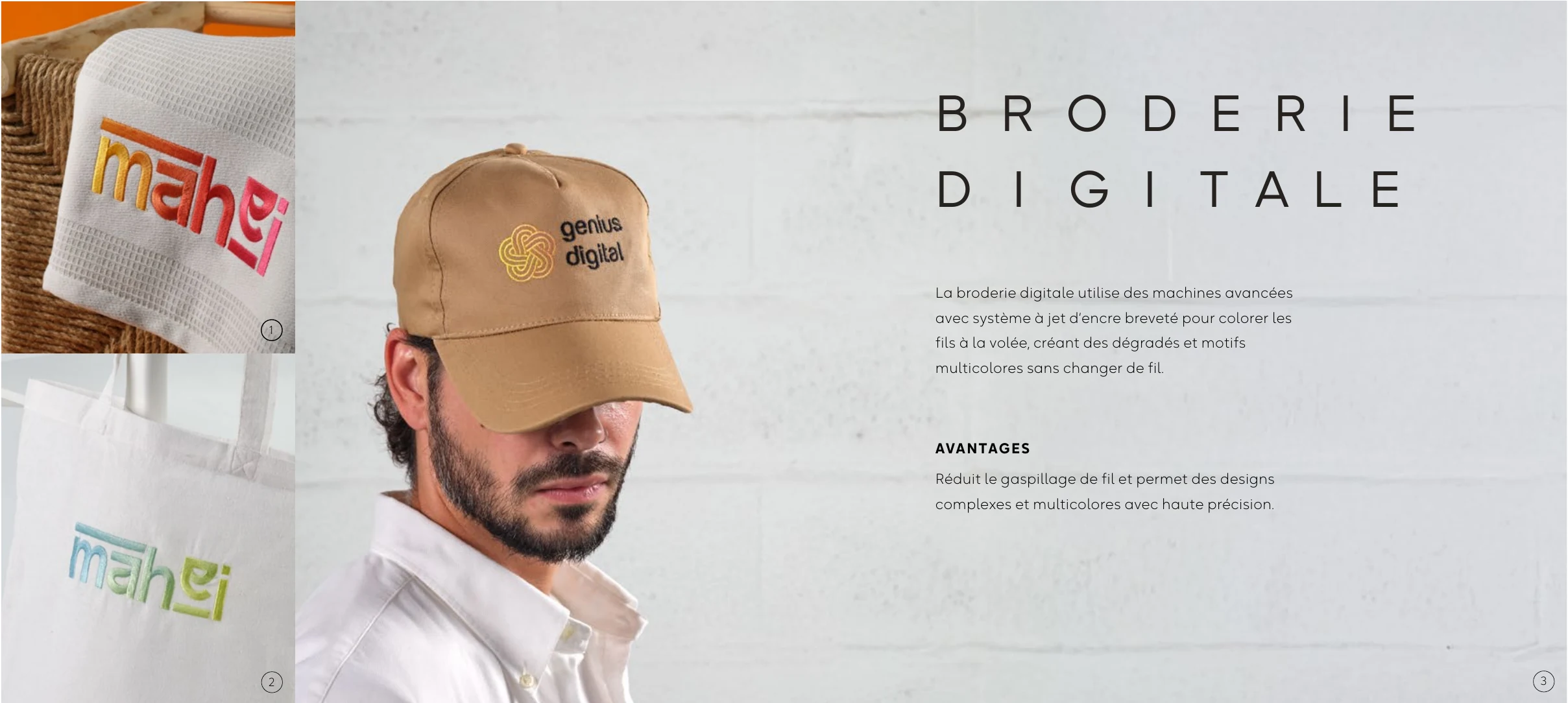 Broderie digitale multicolore sur casquette et sac en coton