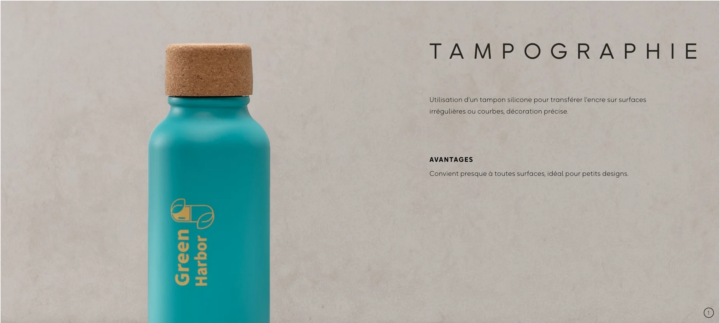 Tampographie sur bouteille turquoise à bouchon liège