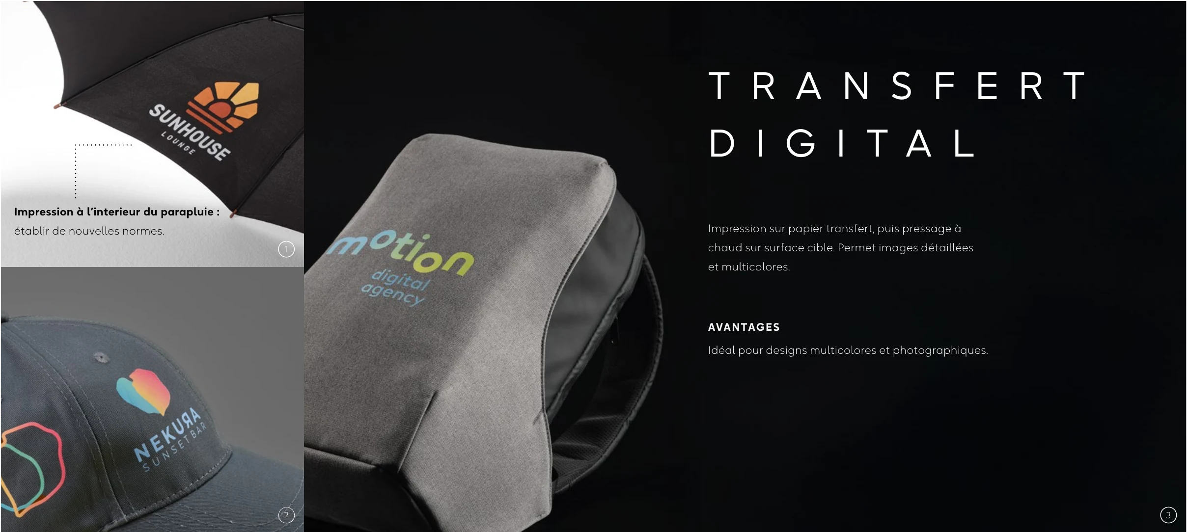 Transfert digital multicolore sur parapluie, casquette et sac à dos
