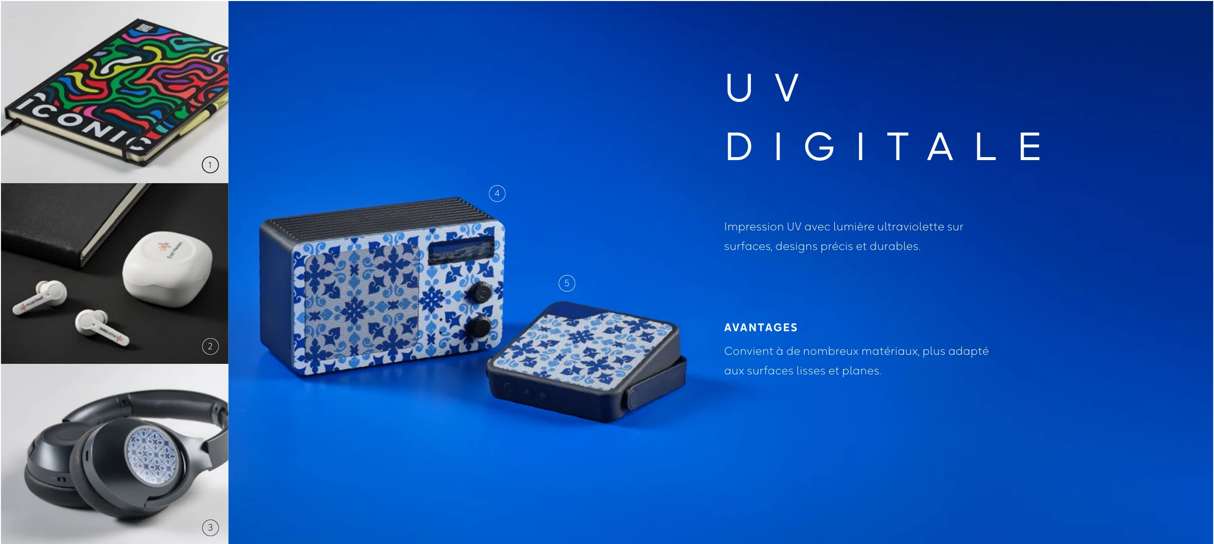 Impression UV digitale quadri sur enceintes, casque et carnet