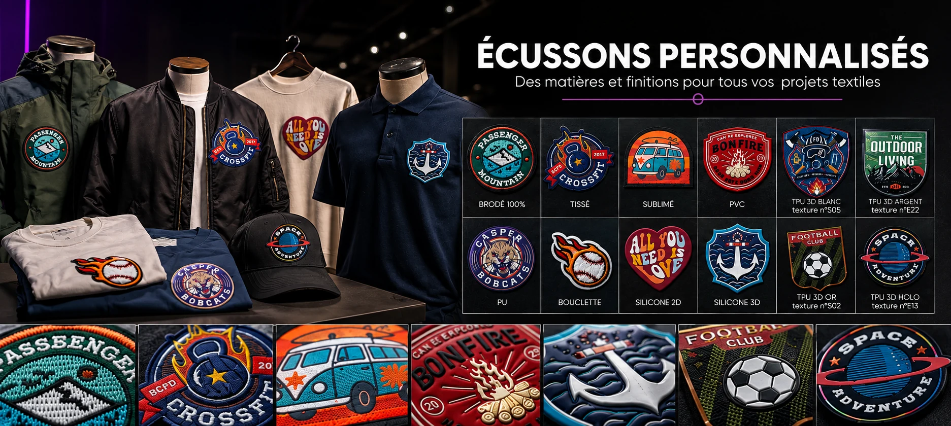 Écussons personnalisés : brodé, tissé, sublimé, PVC, PU, silicone, TPU 3D
